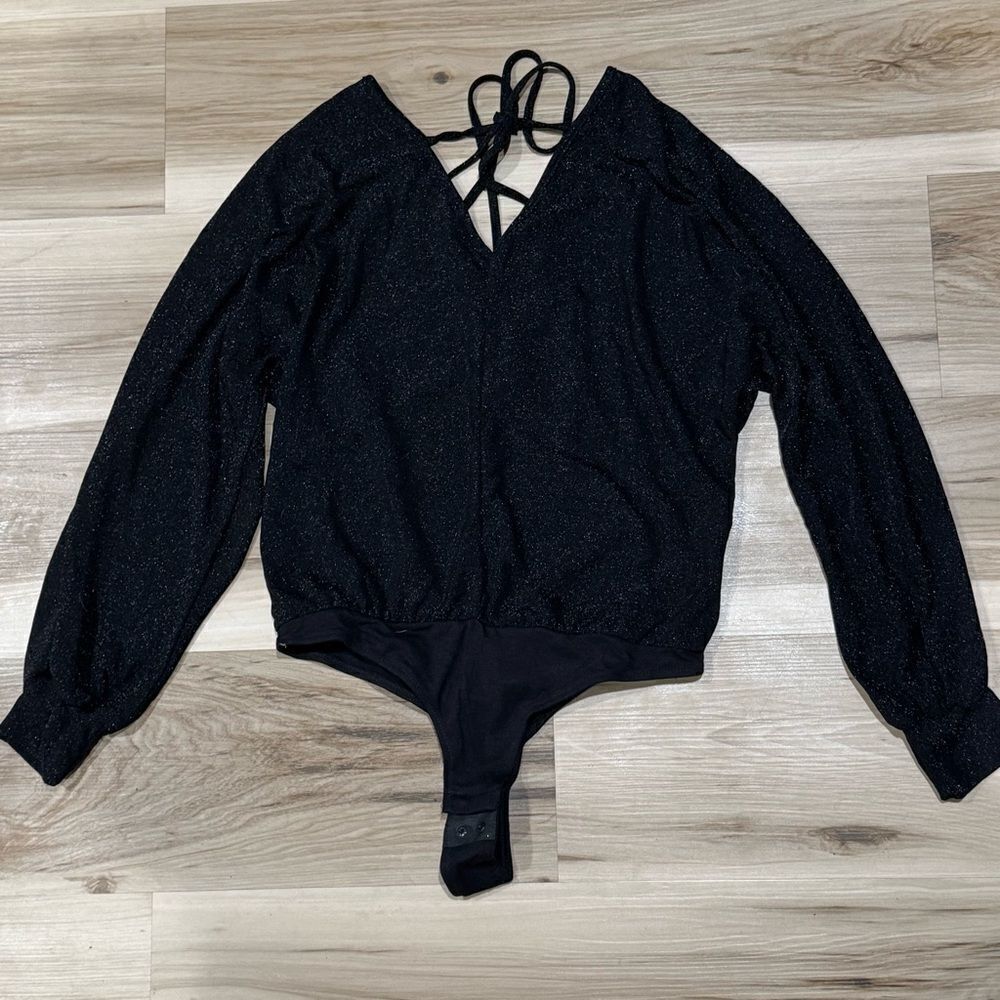 NEW NY&Company Black Shimmer Long Sleeve Bodysuit Women’s XS Holiday NYE